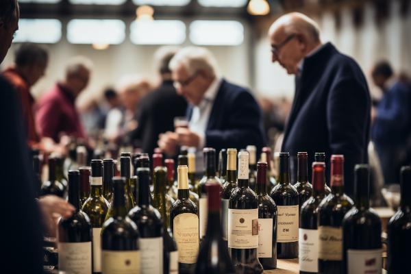 personnes regardant des bouteilles de vin lors d'un événement viticole